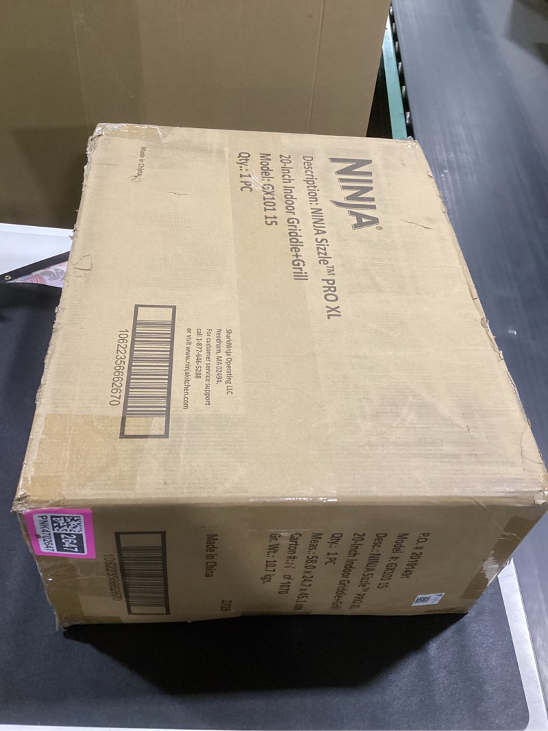 Condition photo showing New/Like New for Ninja Sizzle Pro XL 20-Inch Indoor Griddle + Grill, Detachable Ventilated Lid, Grease Control, Ceramic Nonstick Plates, Even Edge-to-Edge Cooking, XL Capacity, Versatile, Silver GX101 (Renewed)