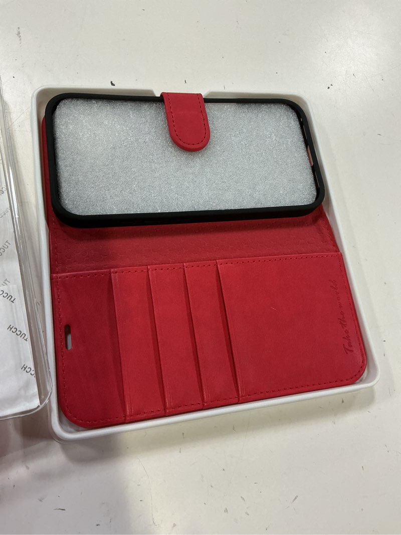 Condition photo showing New/Like New for tucch case wallet for iphone 17 pro (6.3"), rfid blocking folio, dark red | 4 card holders, kickstand, pu leather, magnetic closure, shockproof tpu shell, protective flip cover