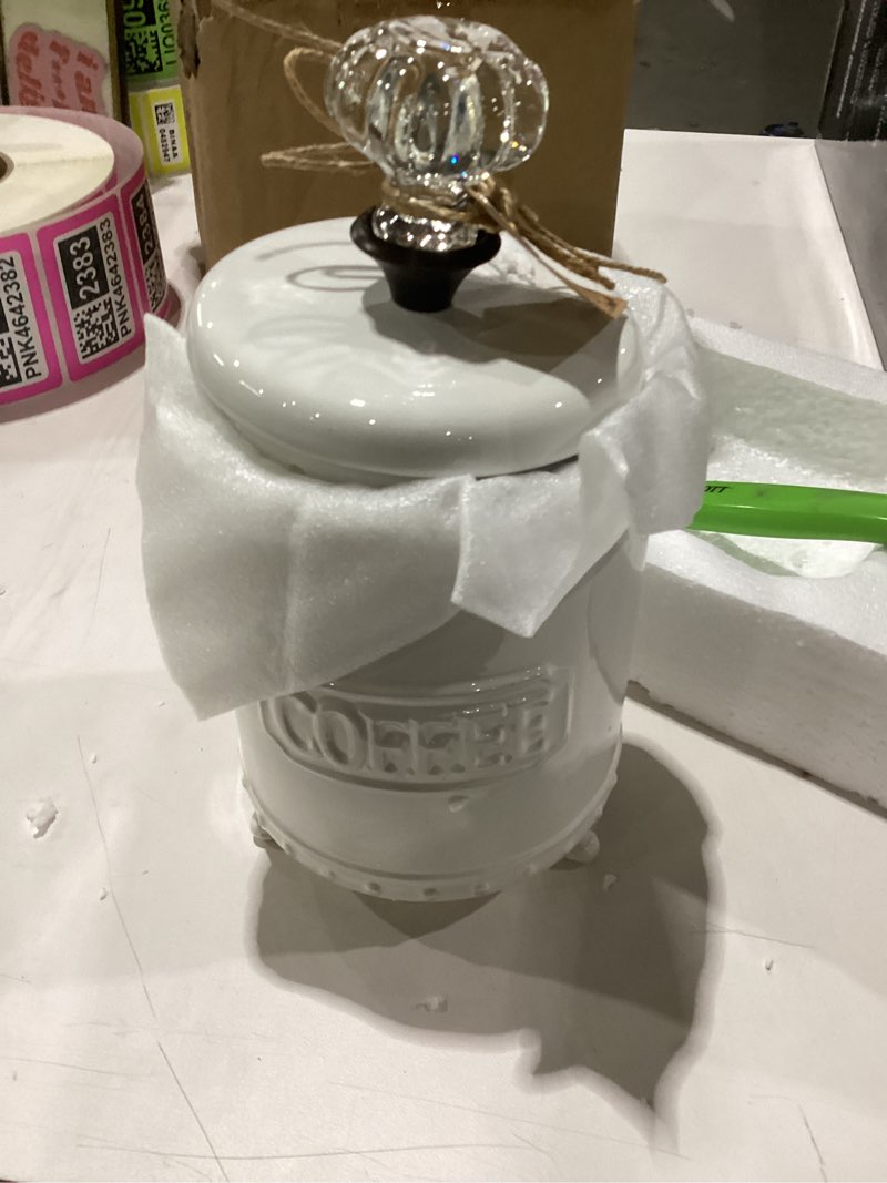 Condition photo showing As Is for mud pie ceramic coffee canister door knob handle, white