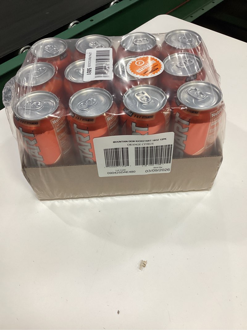 Condition photo showing New/Like New for (bbd:03/09/2026) mountain dew kickstart, orange citrus, 92mg caffeine, vitamins b & c, 80 calories, 5% juice, 16 fl oz (pack of 12)