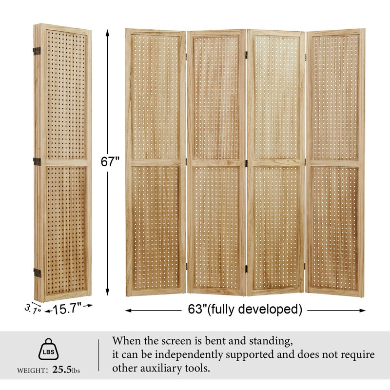 Room Divider 4 Panel Peg Board Room Divider 5.6FT Partition Room Dividers Freestanding Wooden Privacy Screen with Peg Board Display for Apartment and Office, - With Peg Board Display 4 Panel