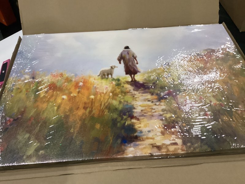 Condition photo showing Good Condition for jesus and lamb canvas wall art christian jesus god savior wall decor pictures parable the lost sheep religious scripture posters art prints for living room bedroom church scene home decoration jesus sheep 36l" x 24w"