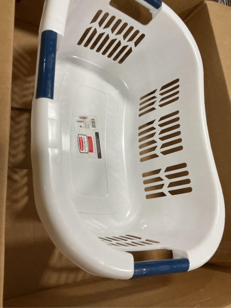 Condition photo showing Good Condition for Rubbermaid Large Hip-Hugger Laundry Basket/Hamper, 1.5-Bushel, White, Stackable Storage Bin/Organizer for Bathroom/Bedroom/Dorm/Home 1.5 Bushel Large Hip Hug Basket