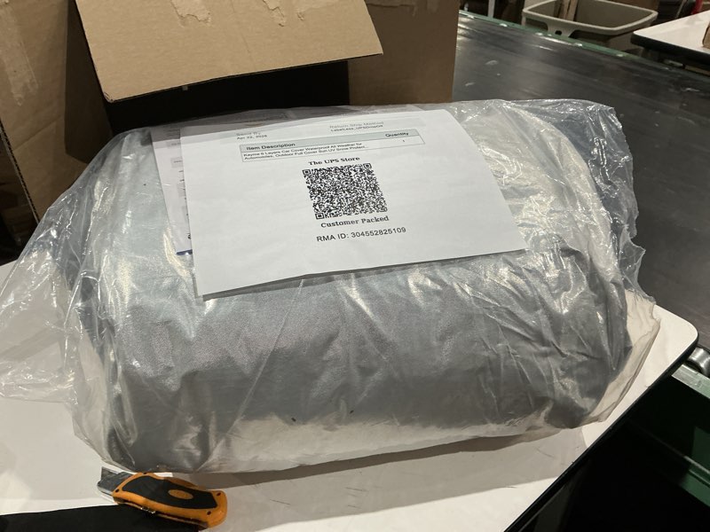 Condition photo showing As Is for kayme 6 layers car cover waterproof all weather for automobiles, outdoor full cover rain sun uv protection with zipper cotton, size a2 3xl universal fit for sedan (186-193 inch)