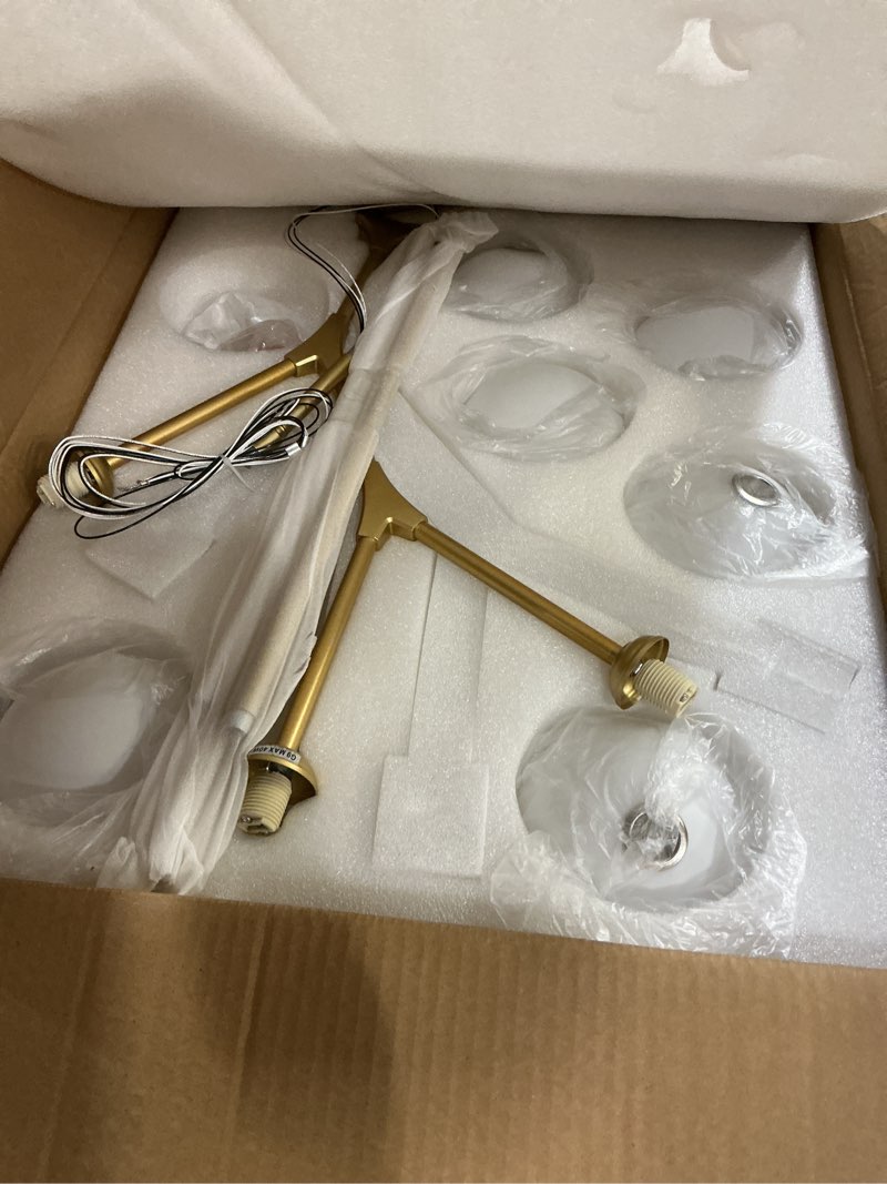 Condition photo showing Good Condition for Modern Sputnik Chandelier, 6-Light Gold Pendant Light Mid Century Globe Chandelier with Milk Glass Shade Linear Pendant Chandelier for Dining Room Foyer Kitchen Bedroom Gold 6 Lights