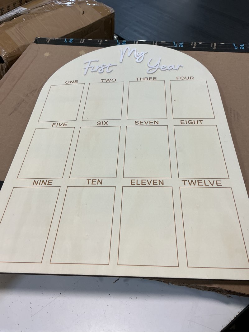 Condition photo showing As Is for wooden growth photo frame 12 months picture board for nursery decoration and memory keeping