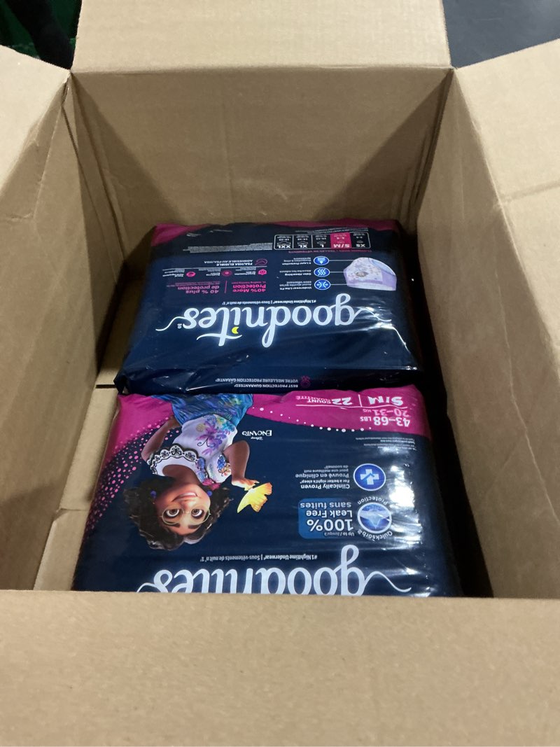 Condition photo showing Good Condition for goodnites girls' nighttime bedwetting underwear, size s/m (43-68 lbs), 44 ct (2 packs of 22), packaging may vary small/medium 44