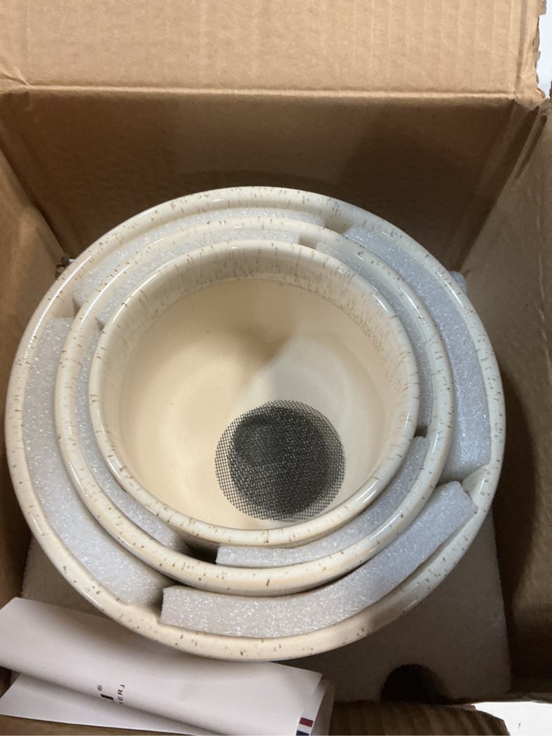 Condition photo showing New/Like New for LE TAUCI Ceramic Plant Pots, 4.3+5.3+6.8 inch, Set of 3, Planters with Drainage Hole and Saucer, Indoor Flower Pot with Hole Mesh Pad, Gifts for Mom, Reactive Glaze Beige