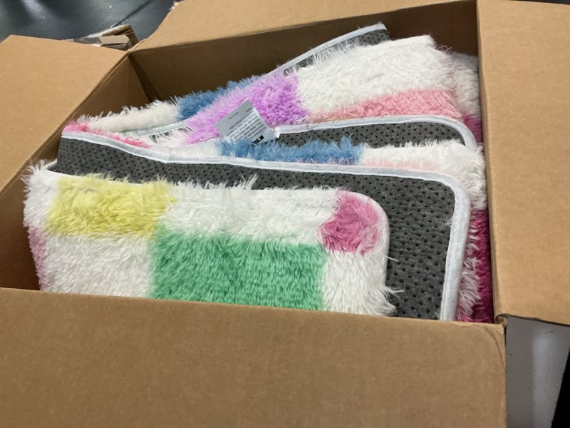 Condition photo showing As Is for kicmor pink rainbow checkered rug for living room 5x7, fluffy soft colorful area rug fuzzy shag shaggy bedroom carpet, cute indoor plush rugs for teen kids girls dorm nursery home decor aesthetic 5' x 7' (rectangular) pink rainbow