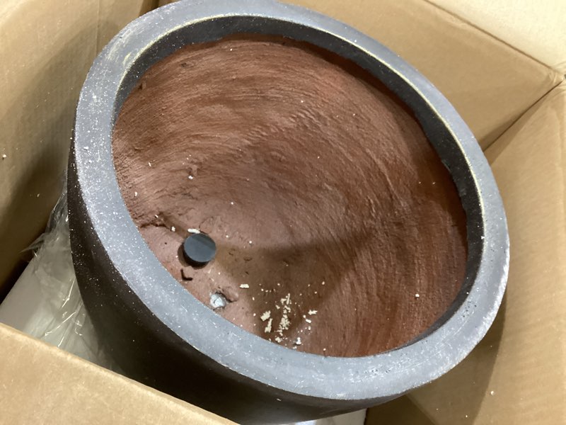 Condition photo showing As Is for kante 14 inch dia round concrete planter, indoor outdoor large plant pot with drainage hole and rubber plug for home patio garden, oil rubbed bronze oil rubbed bronze 14" w