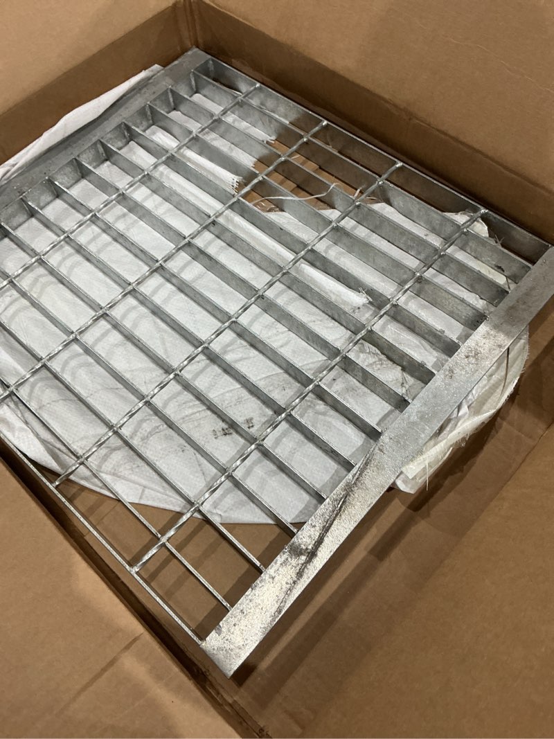 Condition photo showing As Is for galvanized steel drain grate with lip 18x18 in, b-class 28100 lbs heavy-duty driveway channel cover w/base, outdoor trench drainage grate, silver square metal sewer cover for garage 18x18 lip