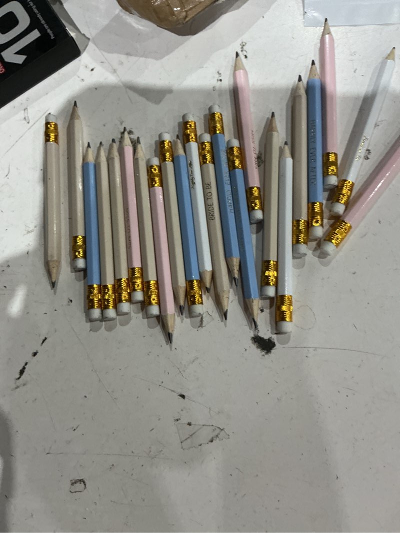 Condition photo showing As Is for 50pcs - bridal shower sharpened half pencils with erasers, pre-sharpened pencils for bridal shower & wedding games, 4 inches (white - miss to mrs.)