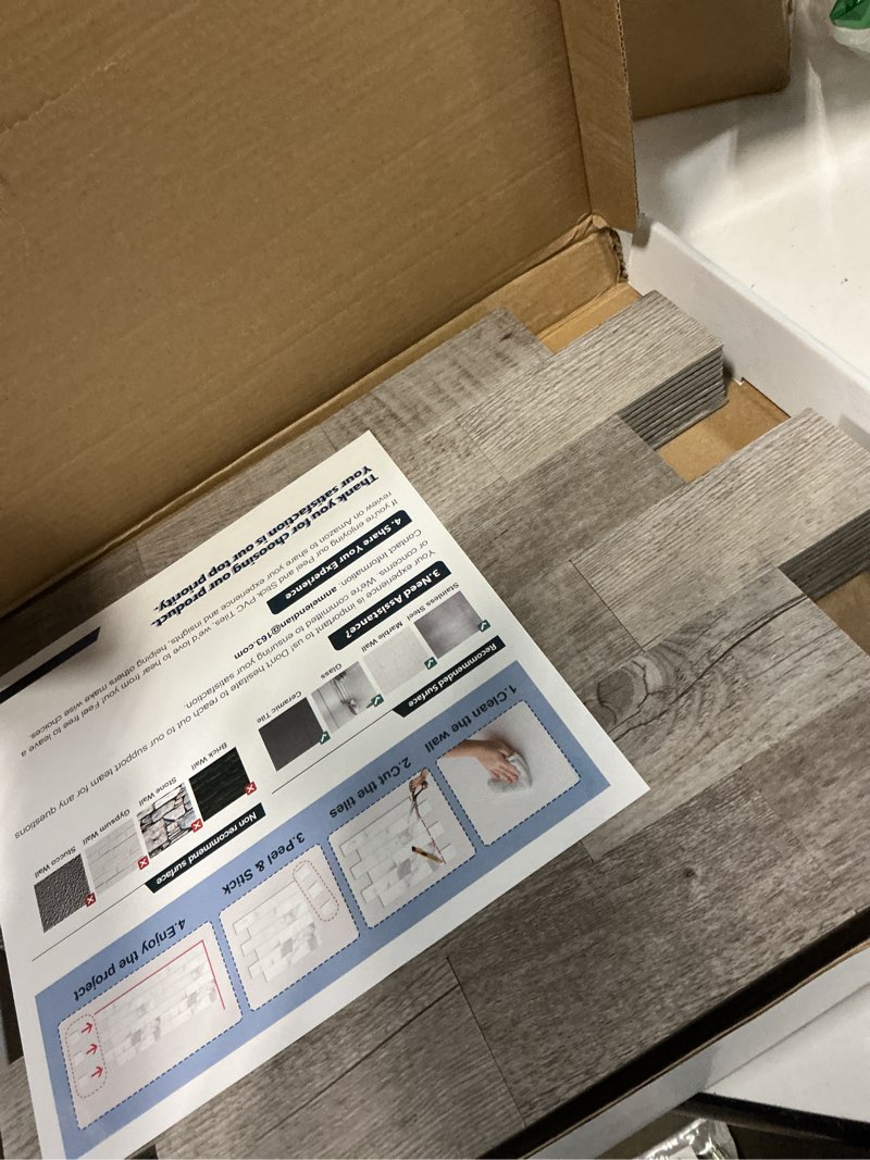 Condition photo showing Good Condition for 2026 new upgrade peel and stick backsplash tile, peel and stick 11.34" x 11.57" wall tile for kitchen, bathroom, fireplace, laundry (grey rustic, 10 packs) 10 grey rustic
