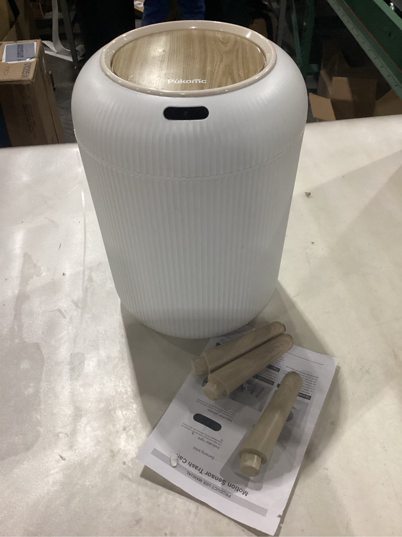 Condition photo showing As Is for Automatic Motion Sensor Bathroom Trash Can with Lid, 3 Gallon / 11L Touchless Trash Garbage Bin with Removable Legs for Kitchen, Bedroom, Office, Small Trash Cans Trashcan Wastebasket-White White Automatic with Legs