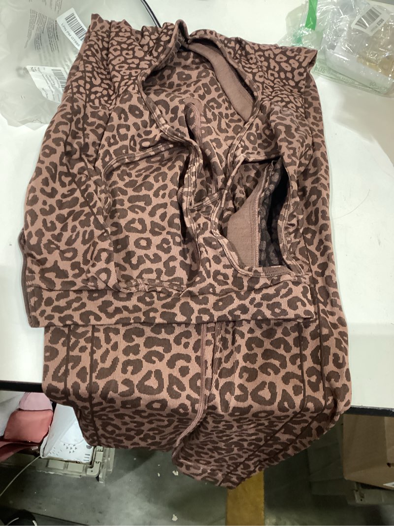 Condition photo showing As Is for wdirara women's leopard workout jumpsuit zip front scrunch butt yoga bodycon pants romper unitard large coffee brown