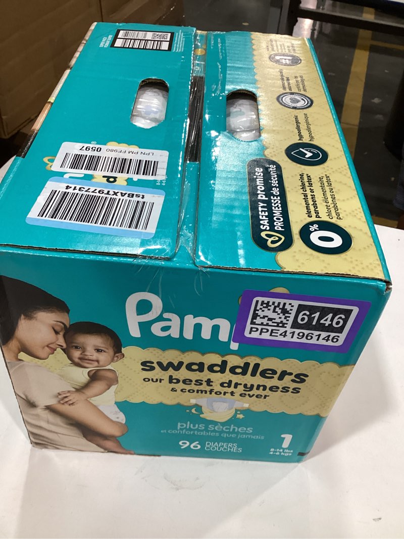 Condition photo showing New/Like New for pampers swaddlers diapers, size 1 (8-14 lbs), 96 count, absorbent, keeps baby dry and comfortable, skin safe disposable baby diaper (packaging may vary) size 1 96