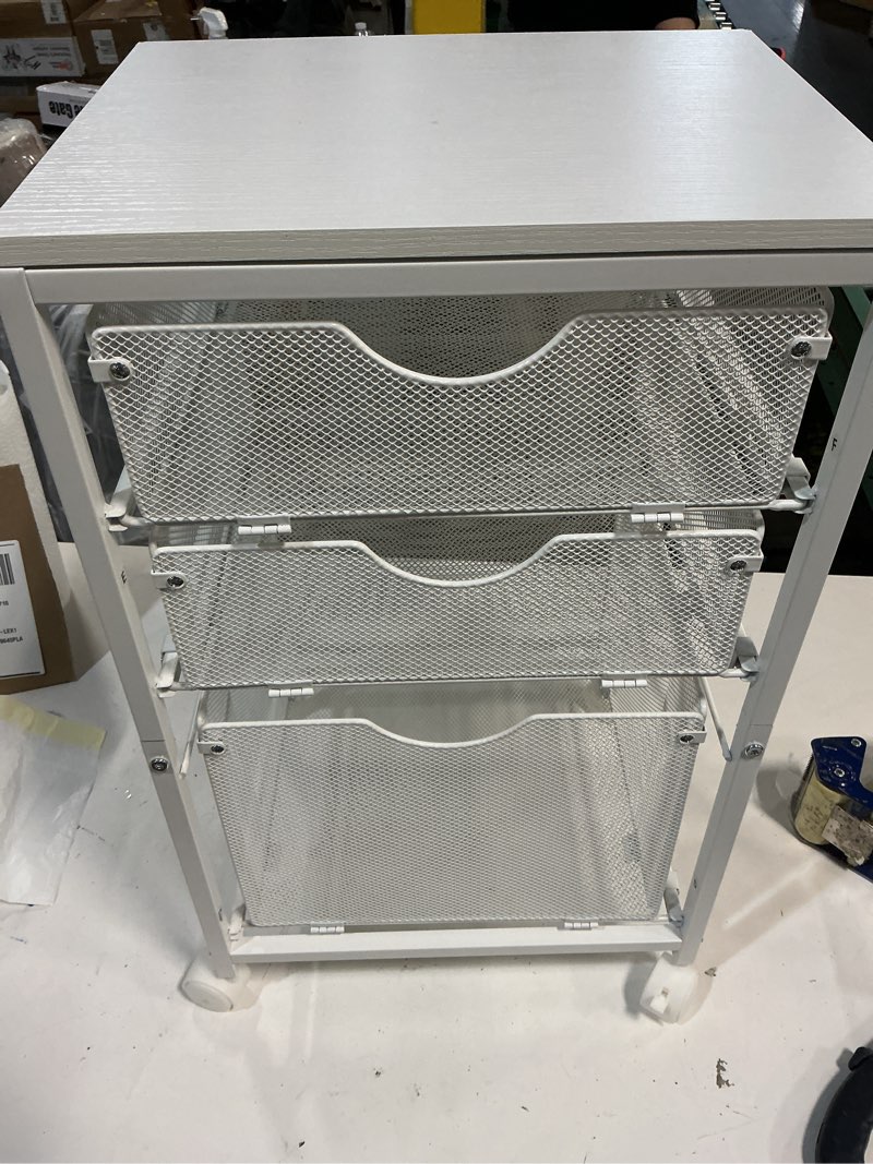 Condition photo showing Good Condition for Rolling File Cart with 3 Storage Drawers, Wood & Mesh Hanging File Folder Organizer with Wheels Under Desk, File Cabinets for Home Office, 11.81" D x 14.8" W x 25.39" H, White