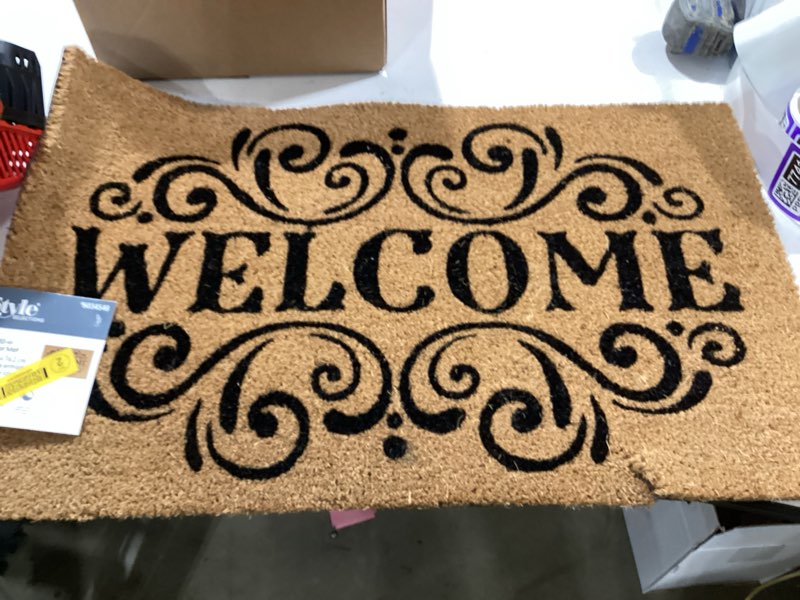 Condition photo showing As Is for style selections 18-in x 30-in natural printed coir non-slip grip indoor or outdoor door mat