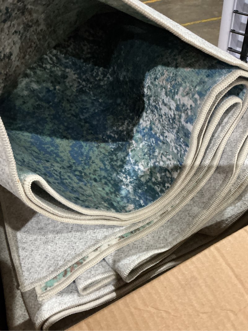 Condition photo showing As Is for rugcomf area rug washable rug boho soft abstract pattern non-slip non-shedding faux wool vintage rug for living room, bedroom rug, farmhouse, dining room, indoor, kids playroom, blue
