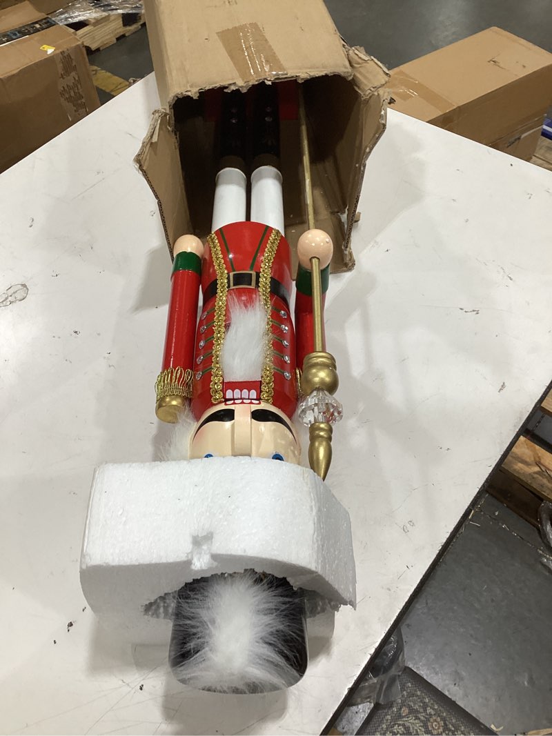 Condition photo showing Good Condition for fun express 3 ft. large classic red wooden nutcracker statue with scepter, festive christmas decoration red 3 ft. large
