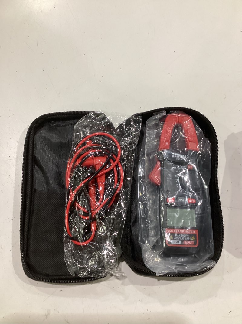 Condition photo showing New/Like New for kaiweets digital clamp meter, portable size, 2000 counts, measures high ac current 400a, 600v ac/dc voltage, resistance, continuity, diode, auto ranging multimter, voltage tester, kc400 black