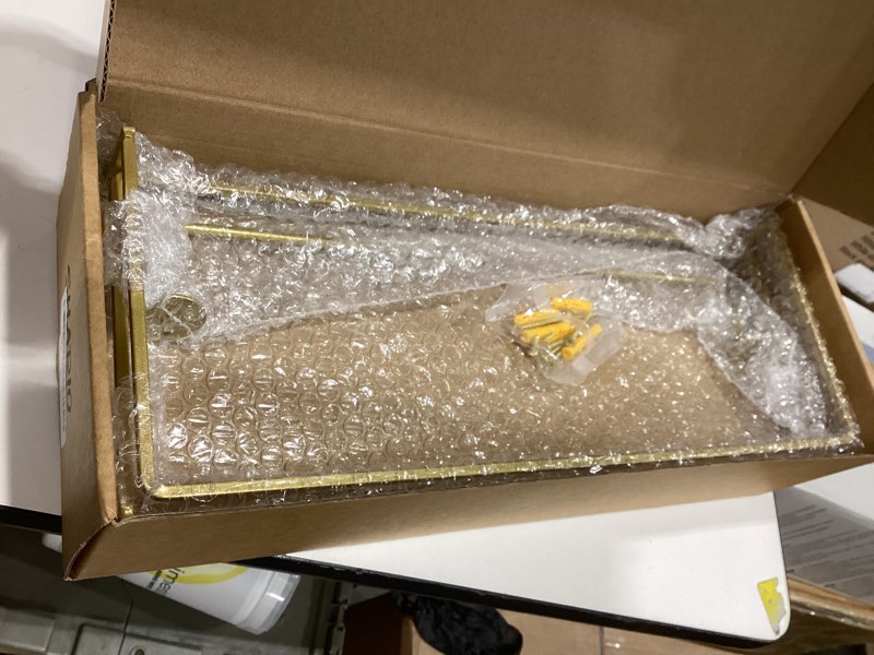 Condition photo showing As Is for Shario White Floating Shelves - Set of 2, Wall Mounted Hanging Shelves with Golden Towel Rack, Decorative Storage Shelves for Bathroom, Kitchen, Living Room & Bedroom (White Gold, 15.7 Inches) | Hanging Shelves, for Bathroom, Kitchen, Living Room, Bedroom