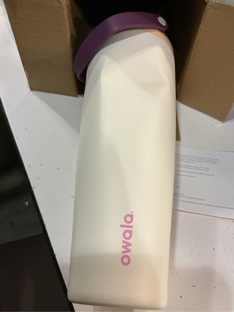 Condition photo showing As Is for owala freesip sway insulated stainless steel water bottle with two-way spout, built-in straw and bucket handle, made for travel, school, and sports, 40oz, bpa free, leak proof, daybreak daybreak 40 ounces