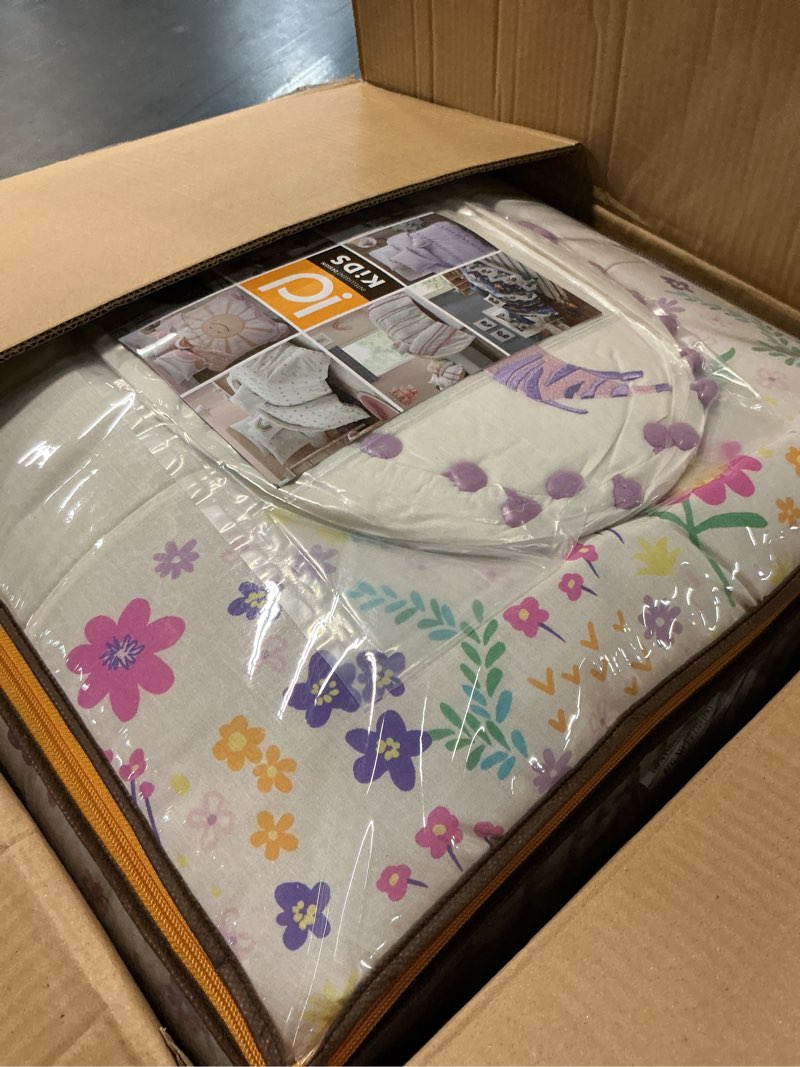 Condition photo showing Good Condition for intelligent design kids twin comforter set, favorite jungle animals fun safari adventures print, bci cotton comforter, all seasons down alternative bedding, sham & pillow, lulu, twin purple 3 piece twin safari purple
