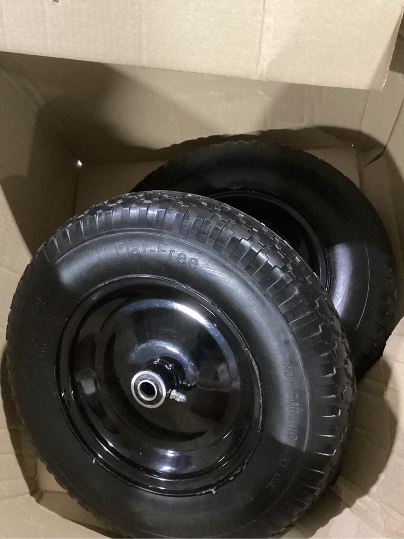 Condition photo showing As Is for (2-pack) 4.80/4.00-8" flat free tire and wheel - universal fit 14.5" solid wheelbarrow tires with 3" hub and 5/8" bearings – extra adapter kit includes 3/4" ball bearings, 1" and 1/2" nylon spacers 2 14.5"(flat free tire?