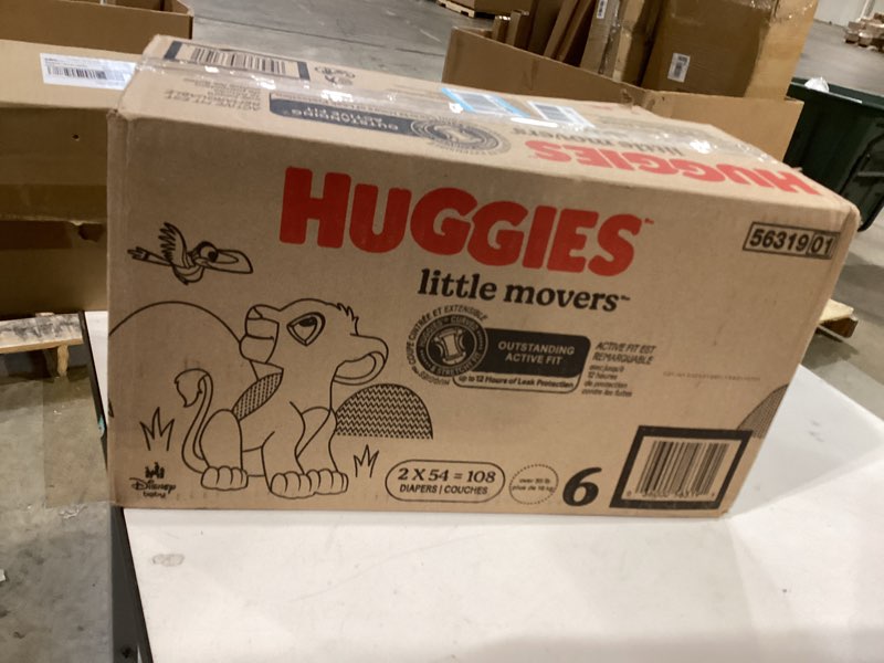 Condition photo showing Good Condition for huggies size 6 diapers, little movers baby diapers, size 6 (35+ lbs), 108 count (2 packs of 54), packaging may vary