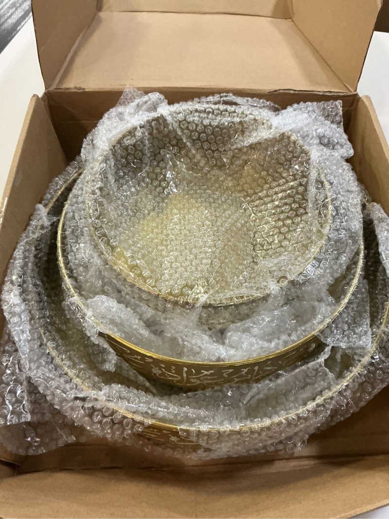 Condition photo showing New/Like New for Ramadan Serving Trays - 3 Pieces Iron Gold Round Platter, 3 Sizes Eid Candy Dish, Muslim Pastry Snacks Dessert Holder for Ramadan Mubarak Party Supplies Home Decor