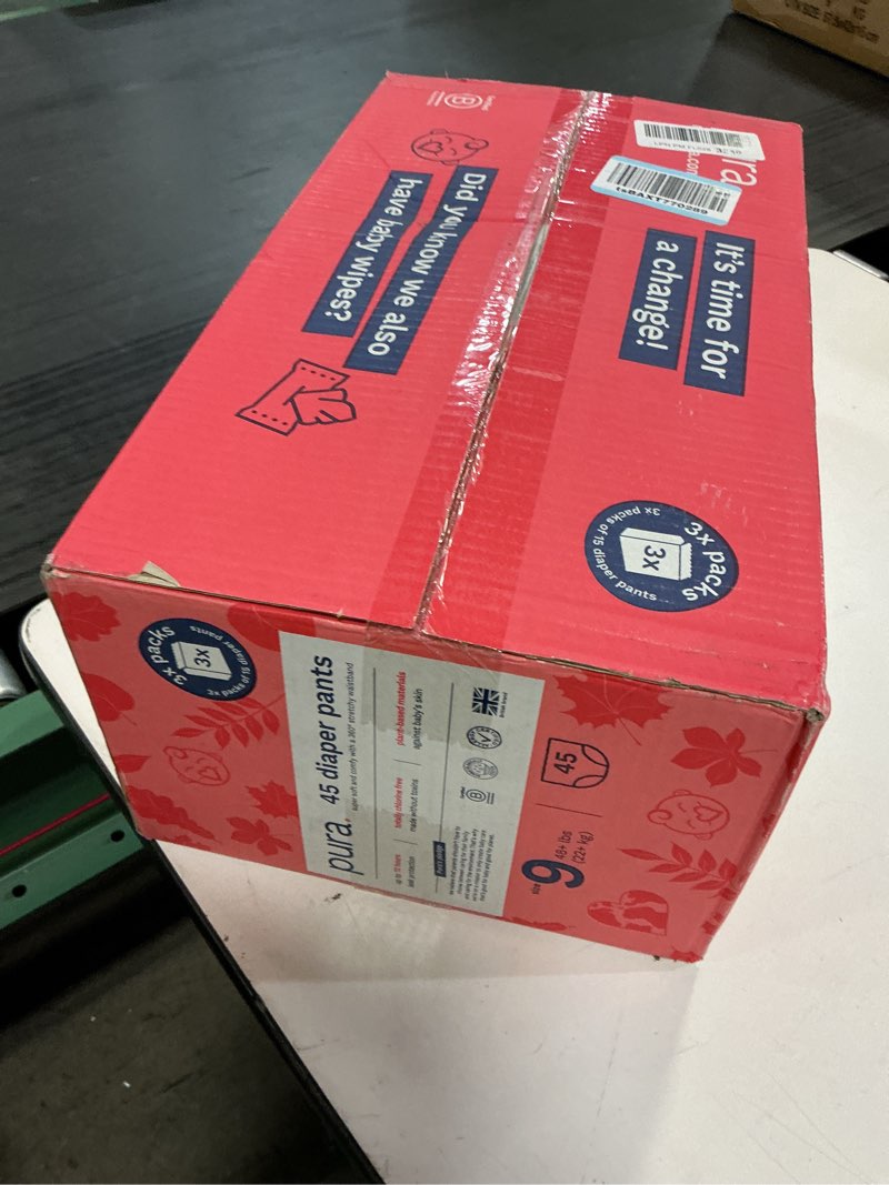Condition photo showing New/Like New for pura hypoallergenic diaper pants size 9 (48+ lbs) overnight, up to 12 hours leak protection, suitable for sensitive skin, totally chlorine free, soft organic cotton, 3 packs of 15 (45 pull up pants) size 9 (45 diaper pants)