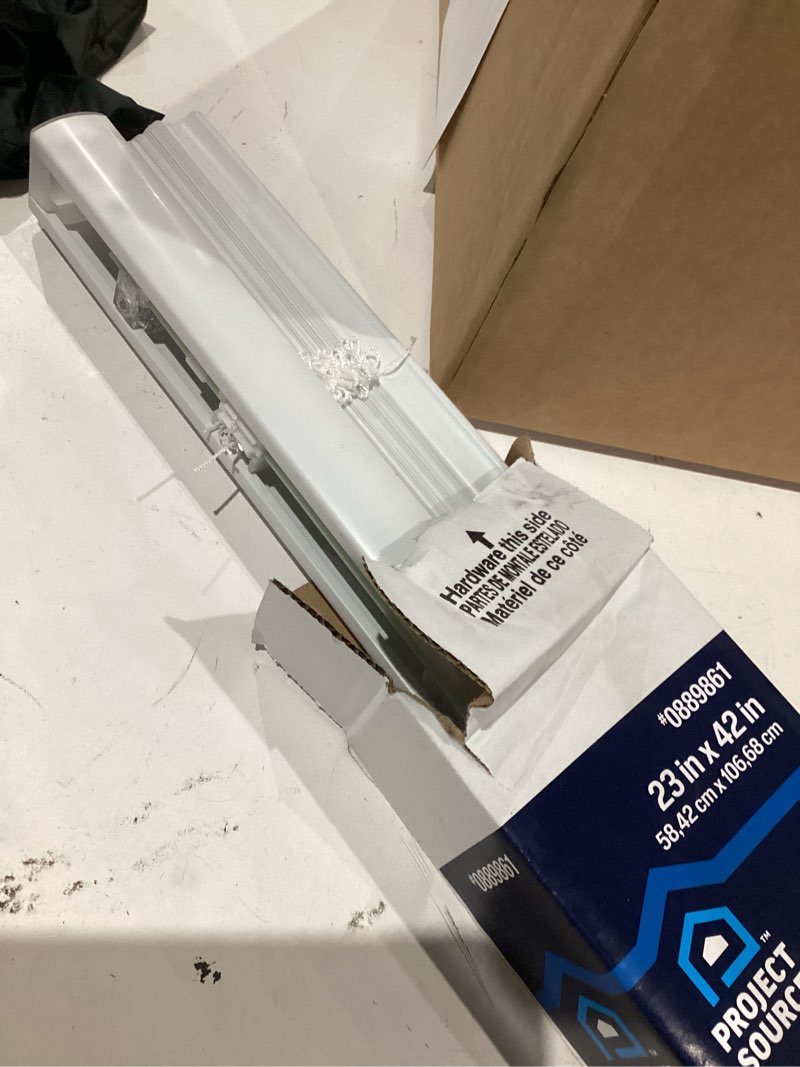 Condition photo showing As Is for project source light filtering 1-in slat width 23-in x 42-in cordless white vinyl light filtering mini-blinds