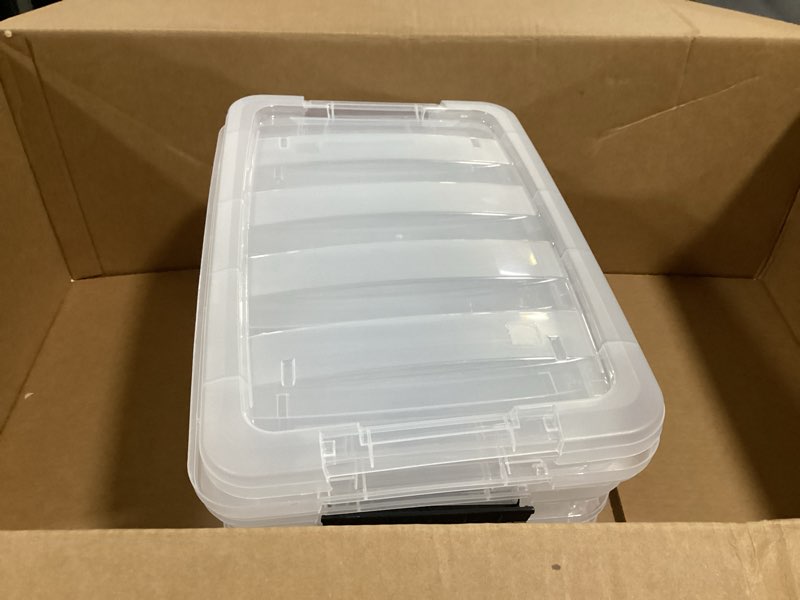 Condition photo showing As Is for iris usa 4-pack storage bins with lids, 13 quart, made in usa stackable see-through organizing solution latches durable nestable containers secure pull handle, bpa-free plastic clear 13 qt 4 pack