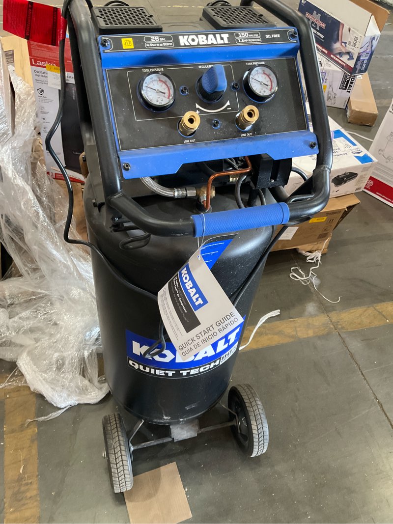 Condition photo showing As Is for kobalt quiet tech 26-gallon portable electric 150 psi vertical air compressor