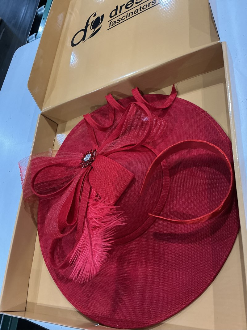 Condition photo showing Good Condition for dressfan fascinator hats for women,20s 50s linen vintage hat for derby/church/wedding/cocktail/tea party red
