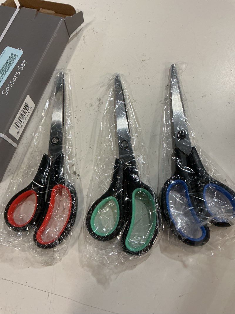 Condition photo showing New/Like New for 3-pack 8" heavy duty scissors with ultra sharp blades and comfort grip handles - for office, sewing, handcraft workshop, home and crafts, etc.