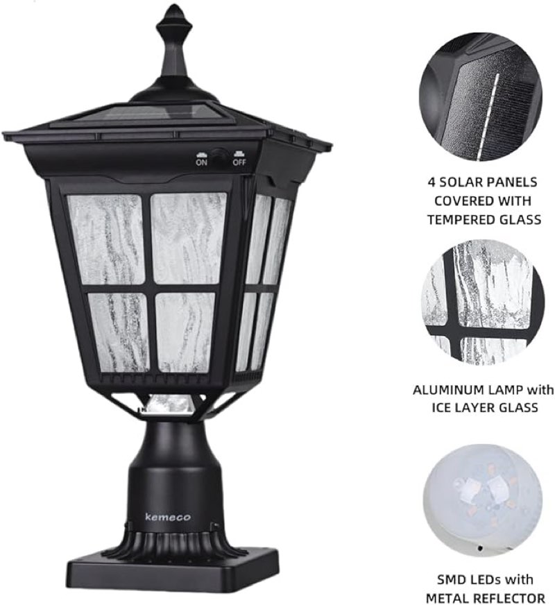 kemeco st4311aq led cast aluminum solar post light fixture with 3-inch fitter base for outdoor garden post pole mount (black, lamp)