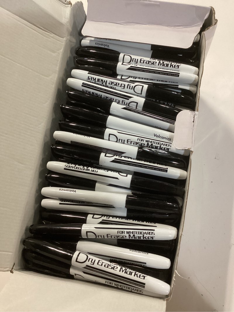 Condition photo showing New/Like New for volcanics black dry erase markers bulk pack - 200 fine tip whiteboard markers, low odor, quick dry, ideal for office, classroom, business, meeting room & warehouse use black 200