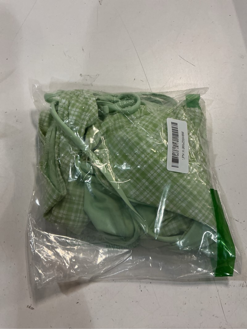 Condition photo showing Good Condition for seamoly vintage gingham halter tank top & cinched tie side tankini set light green small