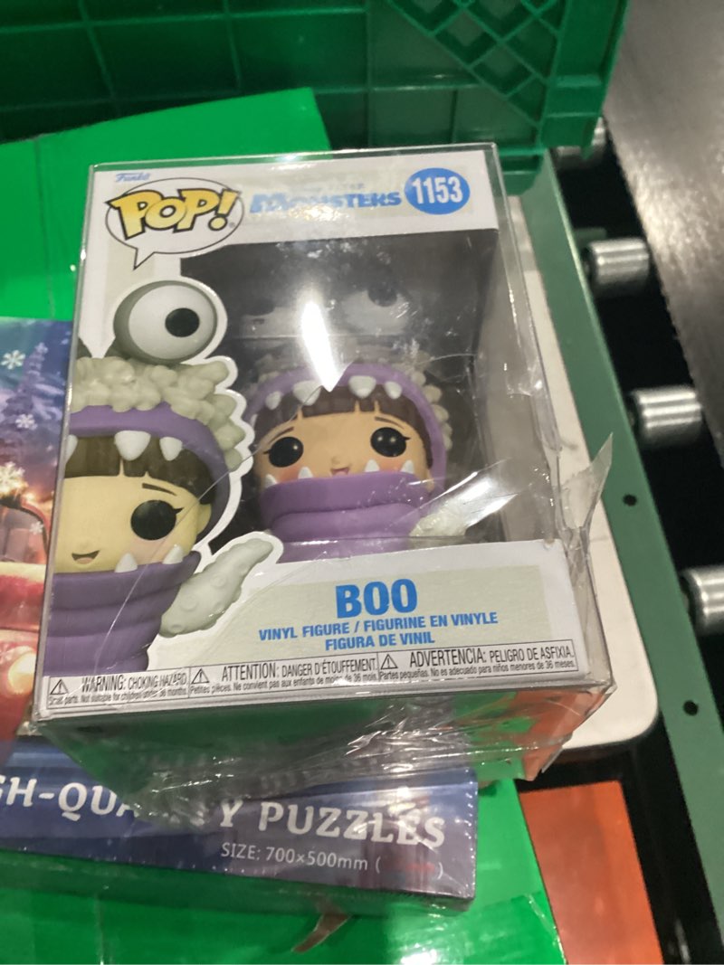 Condition photo showing New/Like New for Monsters Inc. - Boo with Hood Vinyl Figure Collectibles Bundle with Compatible Funko Pop Box Protector PROTECTOR HAS DAMAGED PARTS