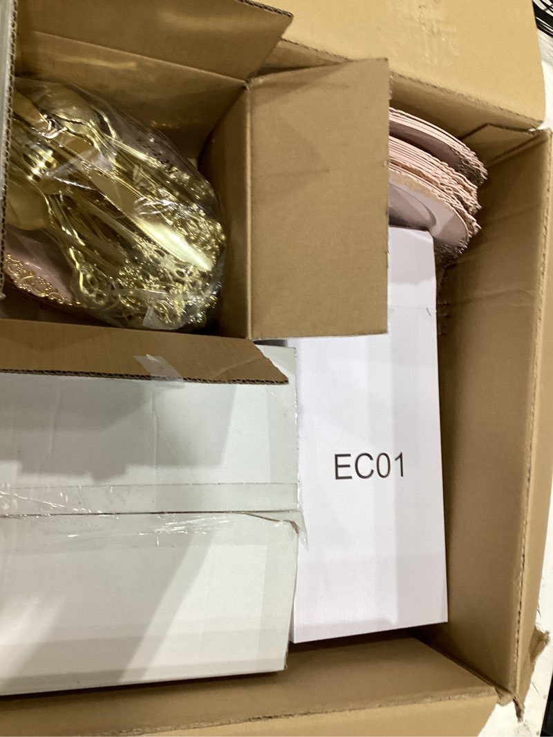 Condition photo showing Good Condition for youbet 700pcs pink plastic plates - pink and gold plates - luxury pinks dinnerware set include 200 disposable plates, 300 heavy duty silverware, 100 cups, 100 napkins for wedding party valentines day