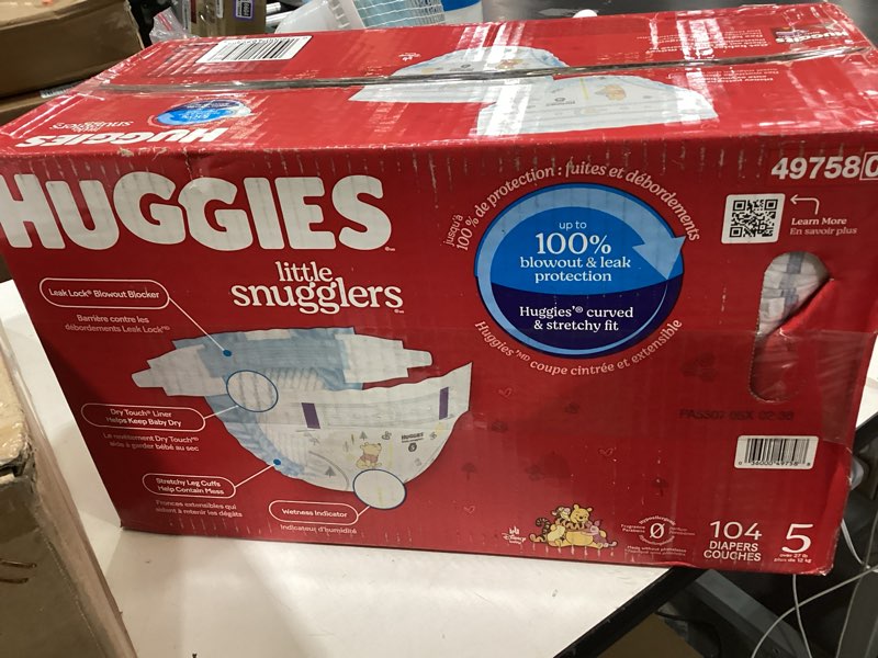 Condition photo showing Good Condition for huggies size 5 diapers, little snugglers baby diapers, size 5 (27+ lbs), 104 count, packaging may vary size 5 104