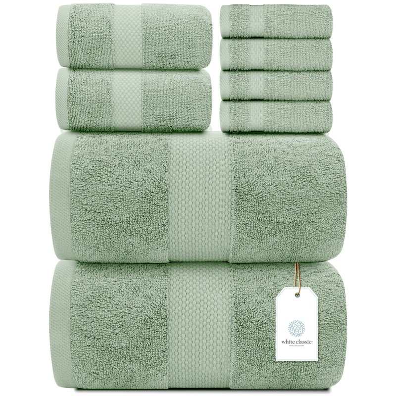 white classic luxury green bath towel set - hotel soft cotton 2/bath 2/hand 4/wash - 8 piece