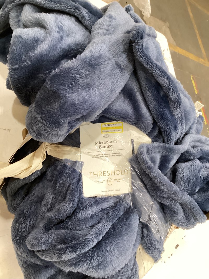 Condition photo showing As Is for king microplush bed blanket metallic blue - threshold™: cozy polyester, year-round comfort, no fill