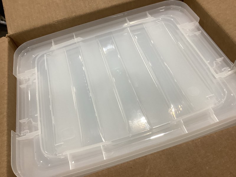 Condition photo showing As Is for iris usa 19 qt plastic storage box with lid and latches - 6 pack - bpa-free, see-through organizing solution, durable nestable stackable containers, secure pull handle - clear clear 19 qt 6 pack