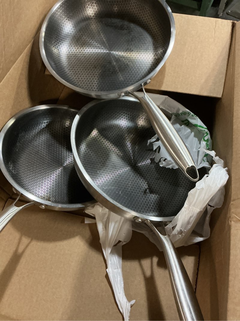 Condition photo showing As Is for cooker king stainless steel pans set of 3 (8+10+12 inch), nonstick frying pans, induction pan set, chef's pan, skillets dishwasher & oven safe, stay-cool handles, compatible with all cooktops stainless steel 8 10 12 inch