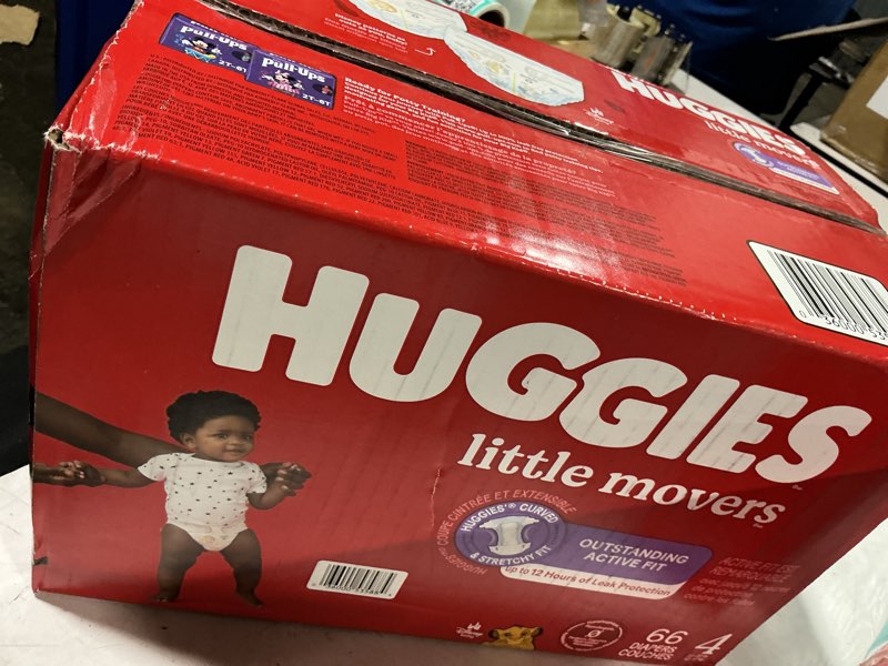 Condition photo showing New/Like New for huggies little movers baby diapers, size 4 (22-37 lbs), 66 ct, packaging may vary size 4 66
