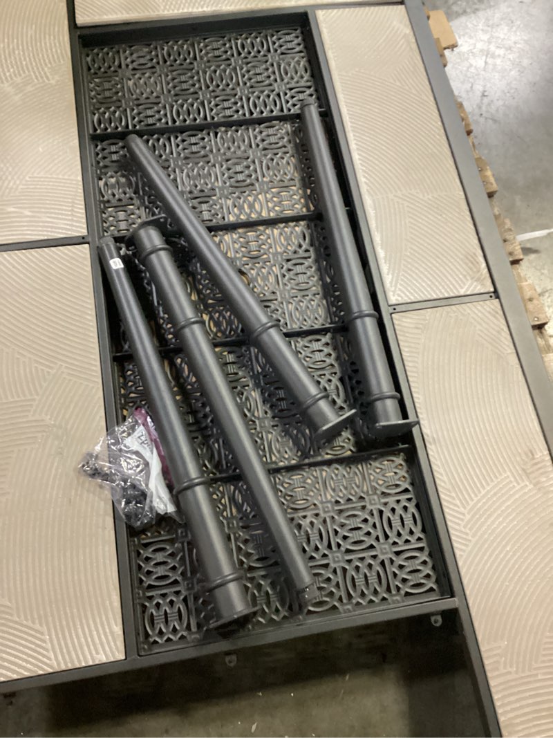 Condition photo showing As Is for (incomplete)(unknown size)fire pit set, wood burning pit -includes screen, cover and log poker- great for outdoor and patio, 37” marble tile rectangular firepit by pure garden