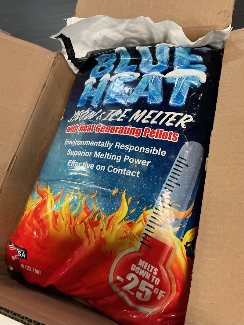 Condition photo showing New/Like New for PELLETS OF FIRE Blue Heat Calcium Blend Professional Grade Ice Melt, Negative 25-Degree Effectiveness, Melter, 50-Pound